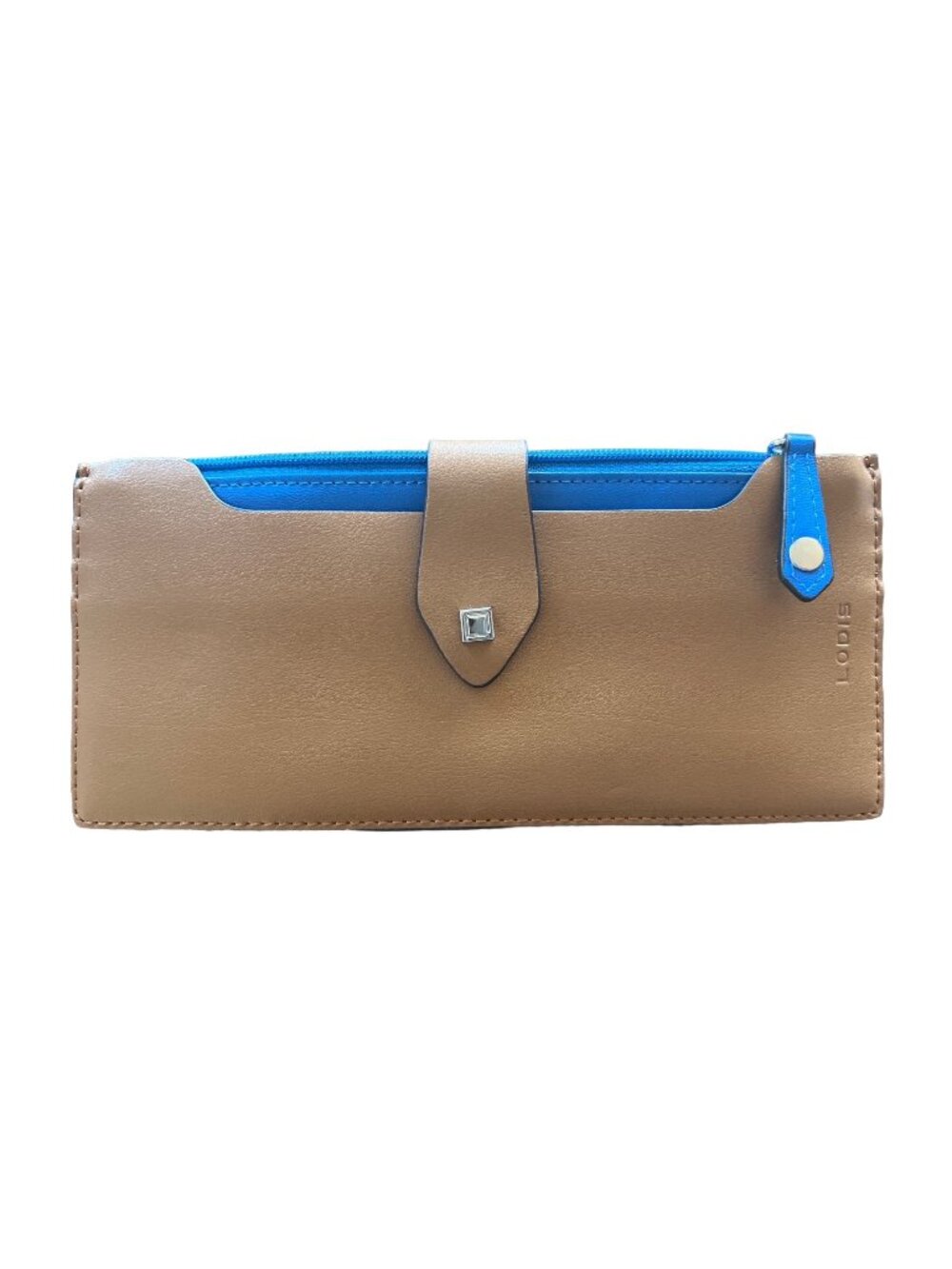 Lodis Sandy Italian Leather Brown Wallet W/ Blue Contrast Zipper Pocket
